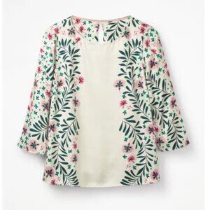 Boden Cream Blouse with Green Leaf and Pink Floral Print
